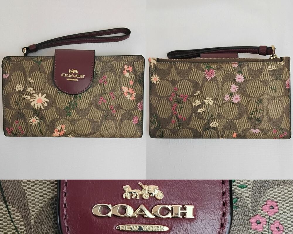 Coach Brown Signature Canvas Floral Print Wristlet Wallet w/Gold Hardware #J5974